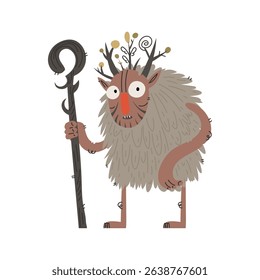 Illustration of a forest spirit or monster with a staff, featuring a furry body, deer antlers and strange details. Cartoon style for childrens books.