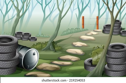 Illustration of a forest with tires