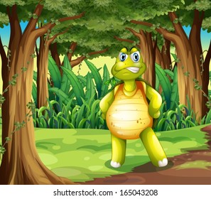 Illustration of a forest with a turtle standing in the middle of the trees