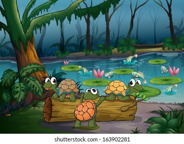 Illustration of a forest with turtles and fishes at the pond