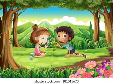 Illustration Forest Two Kids Studying Growing Stock Vector (Royalty ...