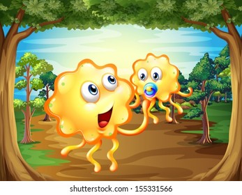 Illustration of a forest with two monsters