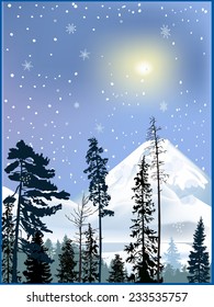 illustration with forest in winter snow mountains