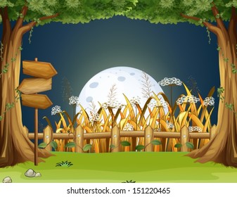 Illustration of a forest with wooden arrowboards