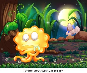 Illustration of a forest with a yellow monster salivating