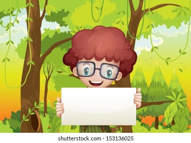 Ilustración de un bosque con un niño con una señal vacía