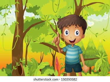 Illustration of a forest with a young boy wearing a stripe tshirt