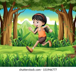 Illustration of a forest with a young girl running
