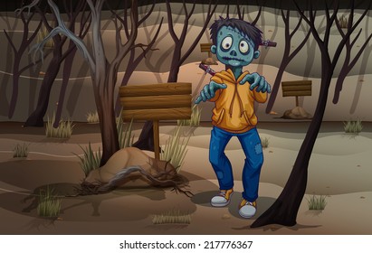 Illustration of a forest with a zombie and empty signboards