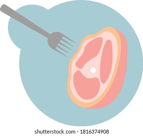 Illustration. Die Gabel ist auf das Fleisch auf blauem Hintergrund gerichtet. Veganismus. Gesundheitspflege