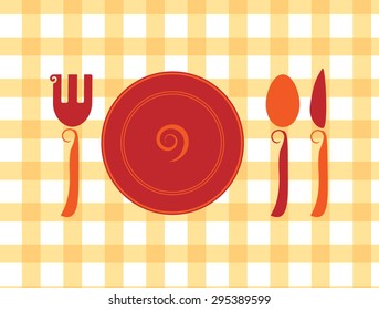 Illustration of fork, plate, spoon and knife decorated with spiral motives. Ideal for a restaurant logo or menu, a canteen, a catering service, a cooking website, a kitchen store