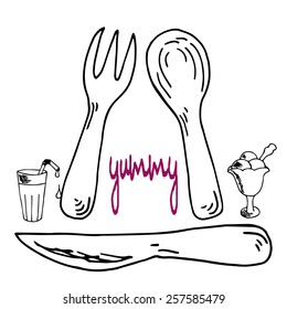 Illustration of fork, spoon, knife, ice cream and cocktail isolated on white background. Hand drawn kitchen objects and text Yummy