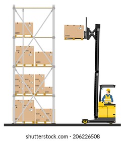 Illustration of forklift operating in the racks. Vector 