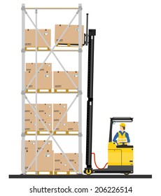 Illustration of forklift operating in the racks. Vector 