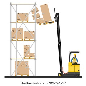 Illustration of forklift operating in the racks. Vector 