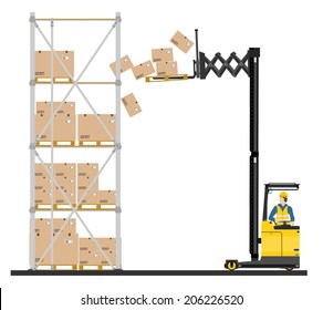 Illustration of forklift operating in the racks. Vector 