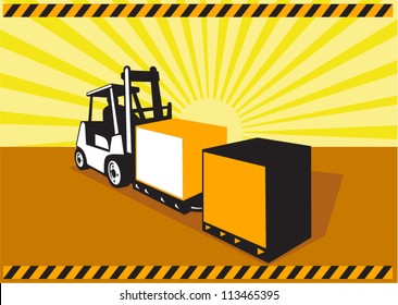 Illustration of a forklift truck and driver at work lifting handling box crate done in retro style with sunburst in background.