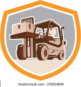 Illustration of a forklift truck and driver at work lifting handling box crate done in retro style inside shield crest shape.