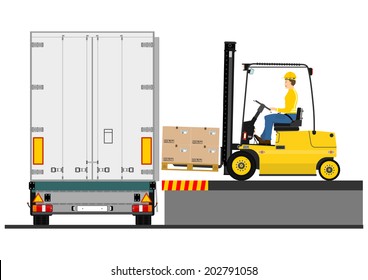 Illustration of a forklift truck during loading the trailer. Vector 