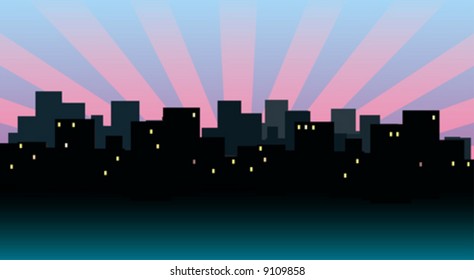 Illustration in the form of the city drawn by a black silhouette. Sunrise in city