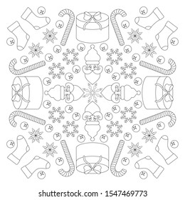 The illustration is in the form of a composition of elements symbolizing Christmas: the head of Santa Claus, gift, lollipop, snowflakes, holly berries, Christmas sock. Zenart. Anti-stress coloring.
