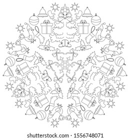 Illustration is in the form of a composition of elements symbolizing Christmas: tree, holly, snowflake, gift, toy, bell, sock. Zenart. Anti-stress coloring.
