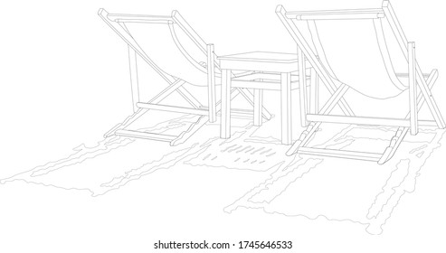 Illustration in the form of a contour of deck chairs on a table between them and a shadow on the sand.