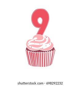 Illustration in the form of a cupcake with a number nine. Colorful Happy Birthday postcard. Vector. Flat design.