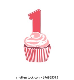 Illustration in the form of a cupcake with a number one. Colorful Happy Birthday postcard. Vector. Flat design.