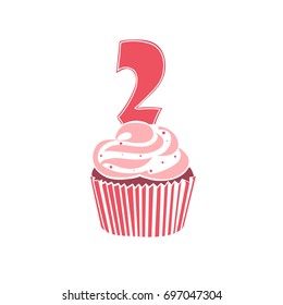 Illustration in the form of a cupcake with a number two. Colorful Happy Birthday postcard. Vector. Flat design.
