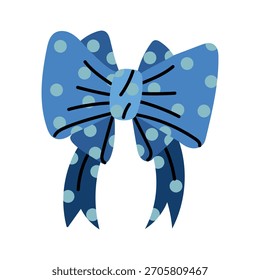 Illustration in the form of a flat blue bow with polka dots. Flat color illustration isolated. Decorative element for children's parties, gift packaging, or banners for festive events