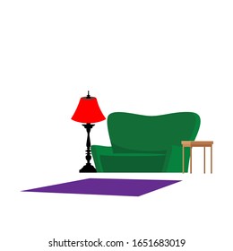 ilustración de un sofá verde y luces rojas con moqueta en el suelo
