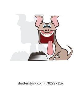 
Illustration in the form of a joyful dog in front of a bowl with dog food
