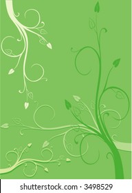Illustration in the form of a pattern from branches with leaves of different shades of the green color located on a green background.