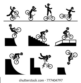 Illustration in form of pictograms which represent doing acrobatics with bicycle. 
Bicycle tricks and stunts. Riding bmx on a ramp, stairs and on a railing. Enjoyment in extreme adrenaline sport.
