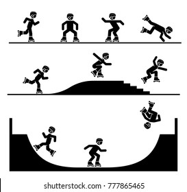 Illustration in form of pictograms which represent doing acrobatics with roller skates. Jumping rollers. Roller skates tricks and stunts. Riding roller skates on a ramp. 
