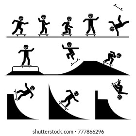 Ilustración en forma de pictogramas que representan hacer acrobacias con skateboard. Pistas y trucos de patinaje. Patinaje en pista. Disfrute en el deporte adrenalino extremo.
