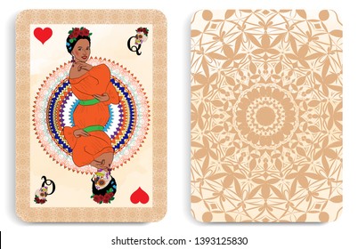 illustration in the form of a playing card Queen of hearts with the image of Katrina Calavera, a symbol of the traditional Mexican holiday Day of the dead and the Day of angels