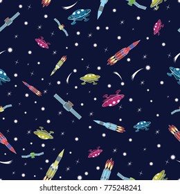 illustration in the form of a seamless pattern depicting space, rockets and satellites