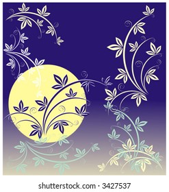 Illustration in the form of the stylized branches of yellow and white color and the moon on a dark blue background. It can be used as a background or a part of a composition