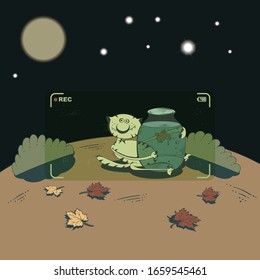 Ilustración en forma de video grabando un fondo de un paisaje nocturno de otoño -un gato abraza a su amigo- un pez 