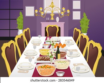 Illustration Of A Formal Dining Table Filled With Food