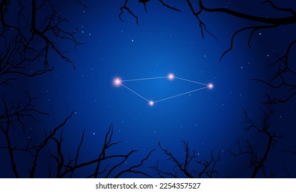 Ilustración de la constelación de Fornax. Constelación brillante en el espacio abierto, cielo azul. Cielo estrellado detrás de la silueta de los árboles