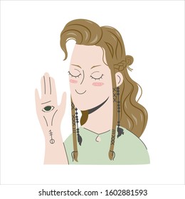 illustration of a fortune teller girl with scandinavian hairstyle. Astrology, horoscopes, runes, fortune telling. Girl with a prediction symbol on her hand. Vector, isolated, white background.