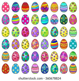 Illustration of forty eight easter eggs on a white background. 