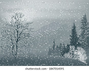 illustration with fosest under snow on grey background