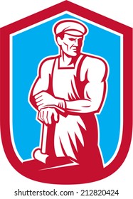Illustration of a foundry worker blacksmith leaning on hammer facing front set inside shield shape done in retro style.