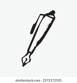 Illustration of a fountain pen with a bold nib. Black and white pen sketch, simple and artistic. Perfect for writing or drawing themes. Simple black line art doodle vector.
