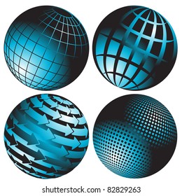 illustration, four abstract blue globes on white background