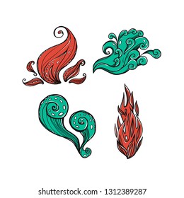 Illustration with four abstract nature elements. Fire, air, smoke. Isolated drawn signs. 